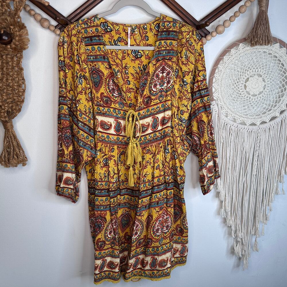 Free People Yellow Boho Pattern Long Sleeve Romper
